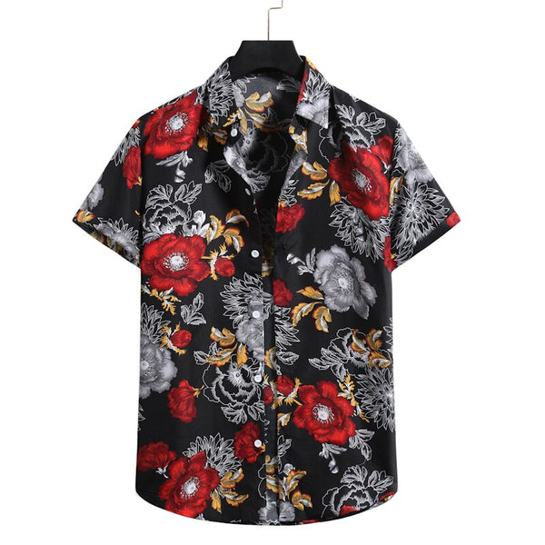 Summer Men's Casual Shirt Short Sleeve Cotton Men's Flower Shirt