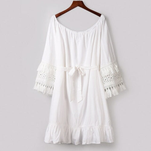 Summer Off Shoulder Beach Dress Women Casual Tassel Long Sleeve Mini - Sophornlilly