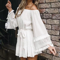 Summer Off Shoulder Beach Dress Women Casual Tassel Long Sleeve Mini - Sophornlilly