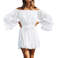 Summer Off Shoulder Beach Dress Women Casual Tassel Long Sleeve Mini - Sophornlilly