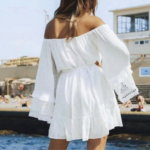 Summer Off Shoulder Beach Dress Women Casual Tassel Long Sleeve Mini - Sophornlilly