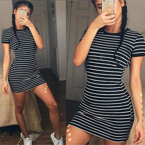 Summer Round Neck Enough Stock Short sleeved Dress Black And White - Sophornlilly