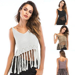 Summer Short Joker Tassel Crochet Openwork Knitted Camisole Women Vest - Sophornlilly