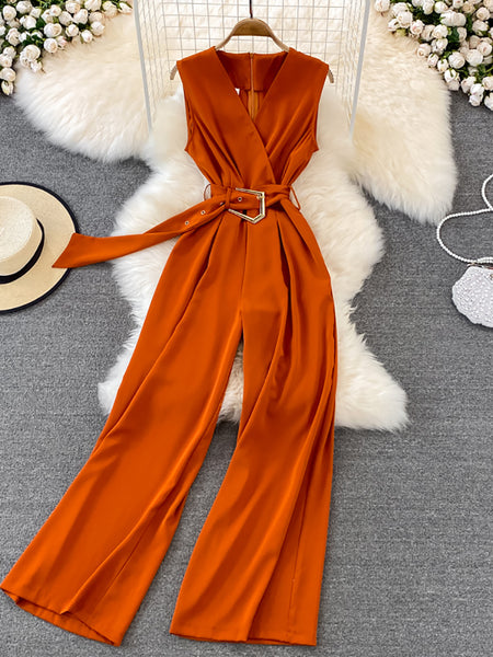 Vintage V Neck Sleeveless High Waist Jumpsuits Elegant