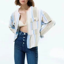 Load image into Gallery viewer, Summer Woman Jacket Top Vintage Open Front Linen Striped Jacket