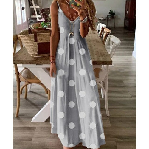 Summer Women Boho Maxi Dress Tie Dye Dot Print Spaghetti Strap