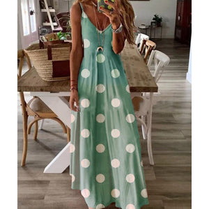 Summer Women Boho Maxi Dress Tie Dye Dot Print Spaghetti Strap