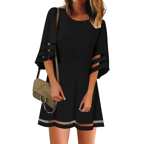 Casual O Neck Mesh Panel Loose Shirt Dress