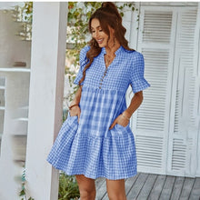 Load image into Gallery viewer, Summer Women Dress Fashion Casual Loose Black Plaid V neck Short