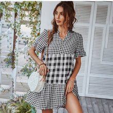 Load image into Gallery viewer, Summer Women Dress Fashion Casual Loose Black Plaid V neck Short