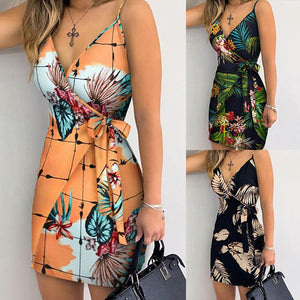 Summer Women Floral Print Bodycon Sexy V neck Mini Dress Female - Sophornlilly