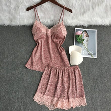 Load image into Gallery viewer, Summer Women Pajamas Leopard Print Ice Silk Suspender Vest + High
