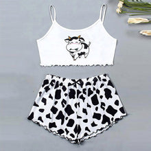 Load image into Gallery viewer, Summer Women Pajamas Suit Cartoon Cow Print Crop Tank Top Shorts