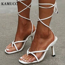 Load image into Gallery viewer, Sandals Narrow Band Vintage Square Toe High Heels Cross