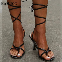 Load image into Gallery viewer, Sandals Narrow Band Vintage Square Toe High Heels Cross