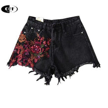Load image into Gallery viewer, Summer Women Shorts Casual Bead Embroidery Black High Waist Denim - Sophornlilly