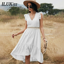 Load image into Gallery viewer, Summer Women Sleeveless Midi Dress Fashion Hollow Out Ruffle