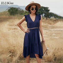 Load image into Gallery viewer, Summer Women Sleeveless Midi Dress Fashion Hollow Out Ruffle