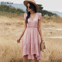 Load image into Gallery viewer, Summer Women Sleeveless Midi Dress Fashion Hollow Out Ruffle
