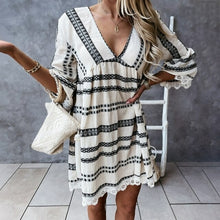 Load image into Gallery viewer, Summer Women Vintage Print Mini Dress Loose Casual V neck Lace