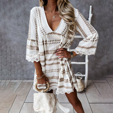 Load image into Gallery viewer, Summer Women Vintage Print Mini Dress Loose Casual V neck Lace