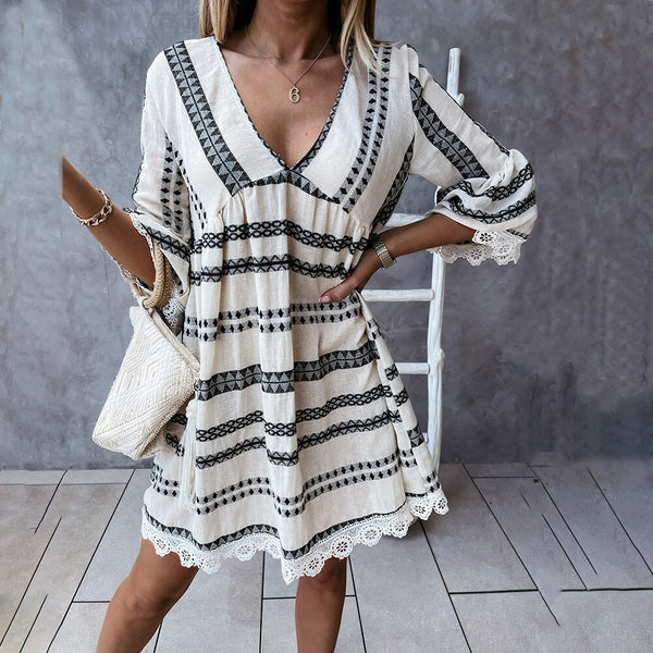 Summer Women Vintage Print Mini Dress Loose Casual V neck Lace