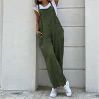 Suspender Solid Long Jumpsuit Casual High Waist Cotton Linen