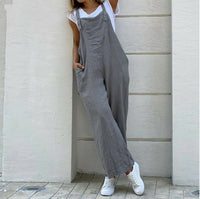 Suspender Solid Long Jumpsuit Casual High Waist Cotton Linen