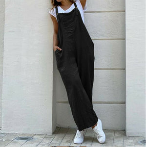 Suspender Solid Long Jumpsuit Casual High Waist Cotton Linen