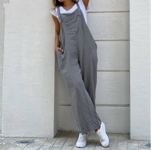 Suspender Solid Long Jumpsuit Casual High Waist Cotton Linen