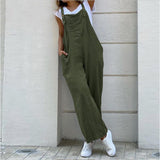 Suspender Solid Long Jumpsuit Casual High Waist Cotton Linen