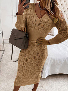 Sweater Dress Elastic Long Sleeve V Neck Elegant