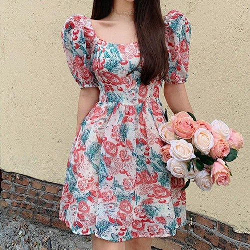 Sweet Elegant Print Mini Dress Women Short Sleeve Summer Women's - Sophornlilly