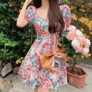 Sweet Elegant Print Mini Dress Women Short Sleeve Summer Women's - Sophornlilly