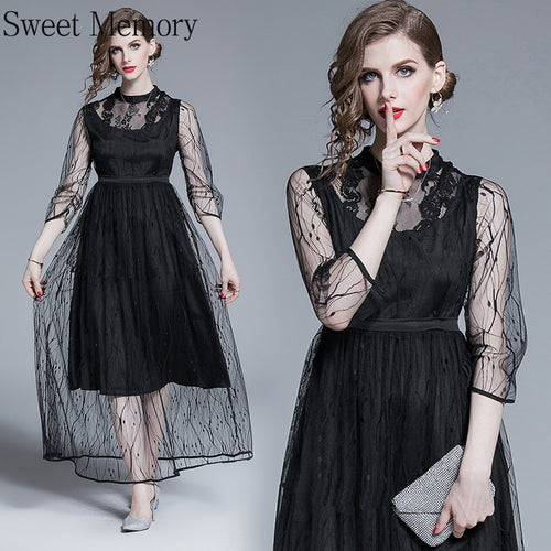 Sweet Memory Summer Black Long Evening Dresses  Women Illusion