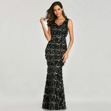 Load image into Gallery viewer, Sweet Memory U337 Women Sexy Dress Gold Black V Neck Tassel