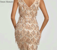 Load image into Gallery viewer, Sweet Memory U337 Women Sexy Dress Gold Black V Neck Tassel