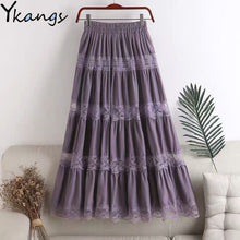 Load image into Gallery viewer, Sweet kawaii Chiffon Lace Stitching A line pleated skirt Women's High