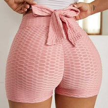 Load image into Gallery viewer, Textured Bow Tie Back High Waist Biker Women Shorts Hip Lifting Sports