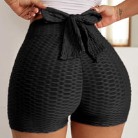 Textured Bow Tie Back High Waist Biker Women Shorts Hip Lifting Sports