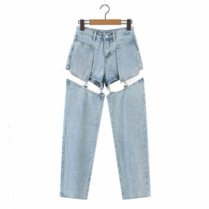 Tide High street Jeans Splice Wide Leg Trousers Hip hop cotton