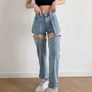 Tide High street Jeans Splice Wide Leg Trousers Hip hop cotton