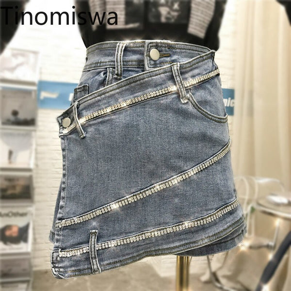 Diamonds Irregular Shorts Women Fashion Zipper Fly Button