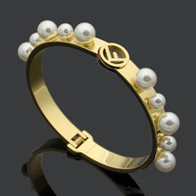 Load image into Gallery viewer, Titanium steel jewelry hollow F letter size pearl spring open Bracelet