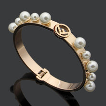 Load image into Gallery viewer, Titanium steel jewelry hollow F letter size pearl spring open Bracelet