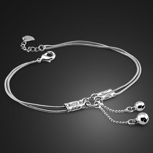 Two line cute girl bell anklet ladies solid sterling silver snake