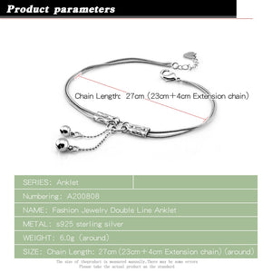 Two line cute girl bell anklet ladies solid sterling silver snake