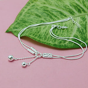 Two line cute girl bell anklet ladies solid sterling silver snake