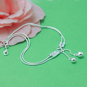 Two line cute girl bell anklet ladies solid sterling silver snake