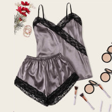 Load image into Gallery viewer, Two piece Sleepwear For Women Sexy Satin Silk Babydoll Lace Nightwear